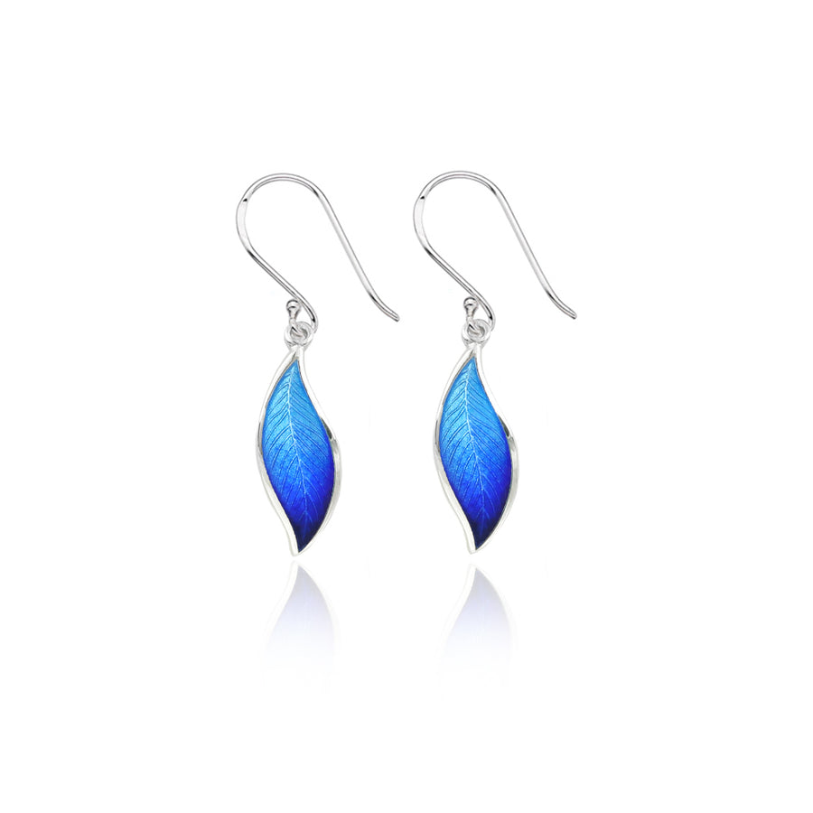 Enamelled Bright Blue Leaf Earrings