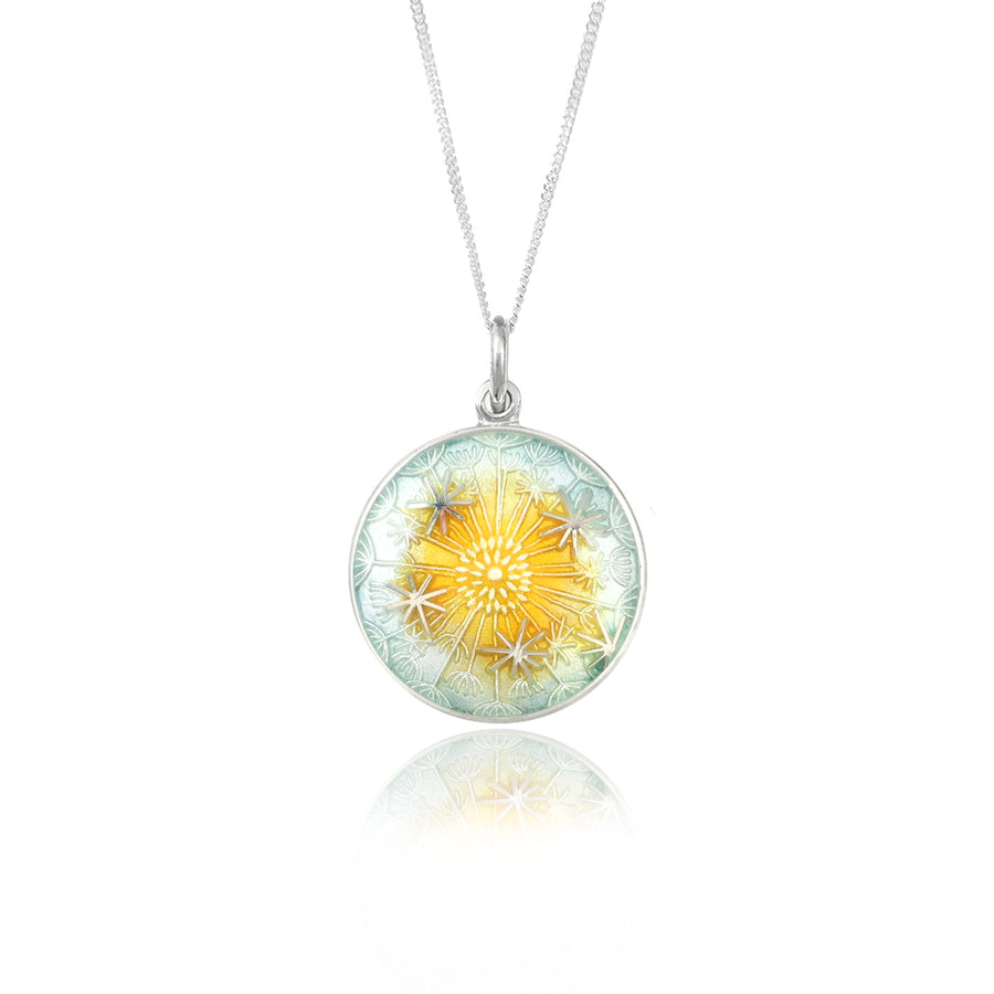 Enamelled Dandelion Clock Grey & Yellow Pendant