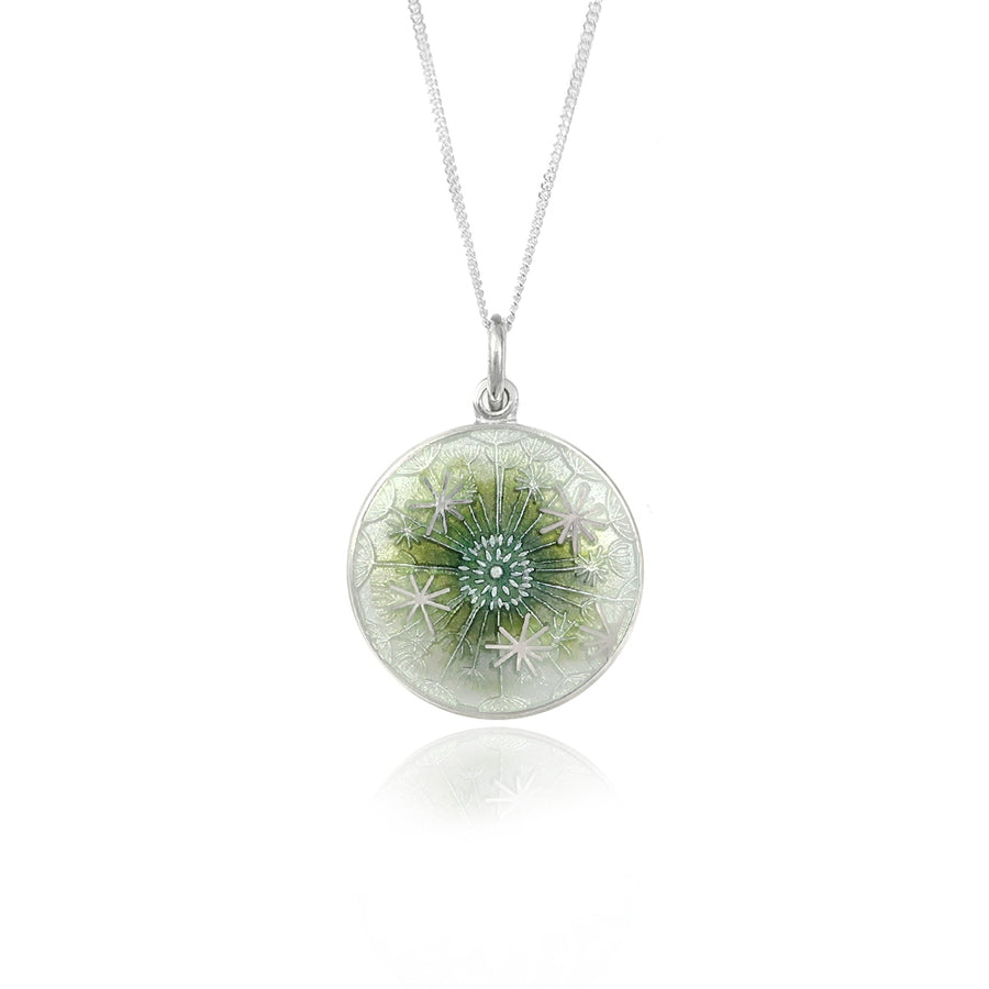 Enamelled Dandelion Pale Grey & Moss Green Pendant
