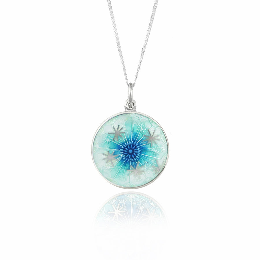 Enamelled Dandelion Clock White Mint & Royal Blue Pendant