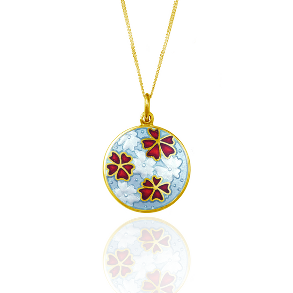 18ct Gold Plated Forget Me Not Enamel Red & Blue Pendant