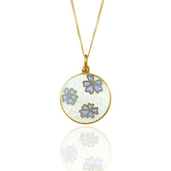 18ct Gold Plated Forget Me Not Enamel Pendant White & Blue