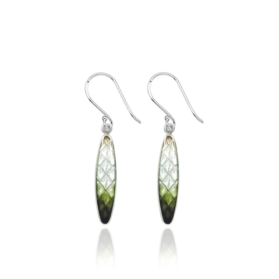 Enamelled Long Pinecone Moss Green Earrings Limited Edition