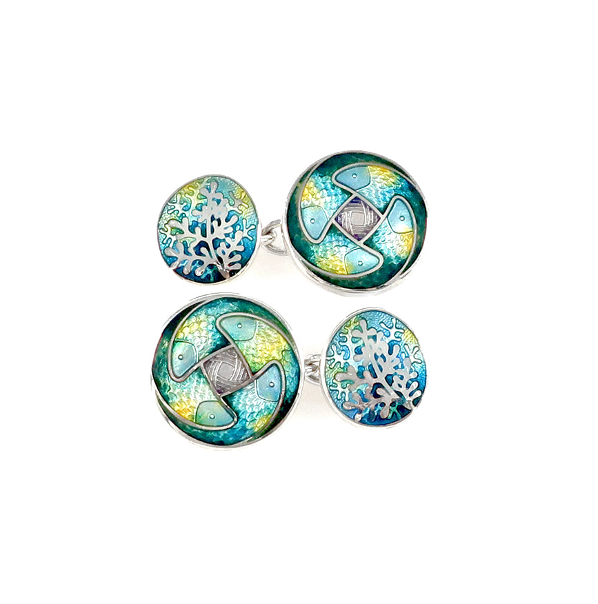 Sea Green Fish & Rue Enamel Cufflinks One-off