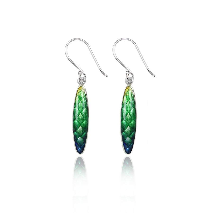 One-off Enamelled Pinecone Emerald Green Leaf Earrings