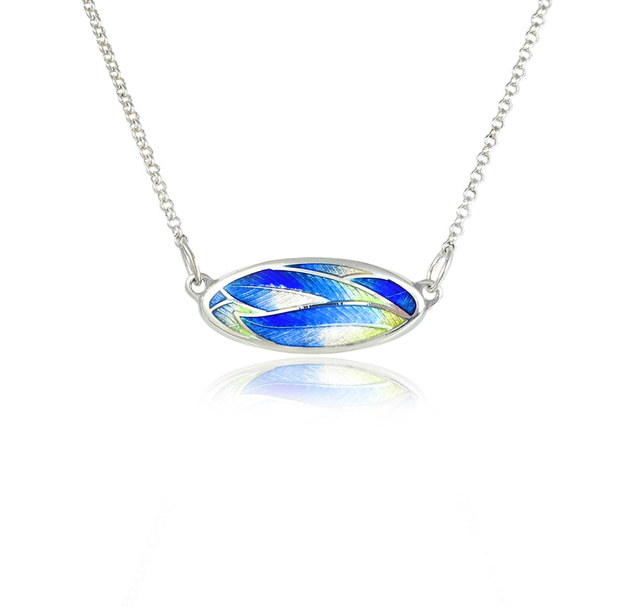 Oval Enamel Blue Feather Necklace