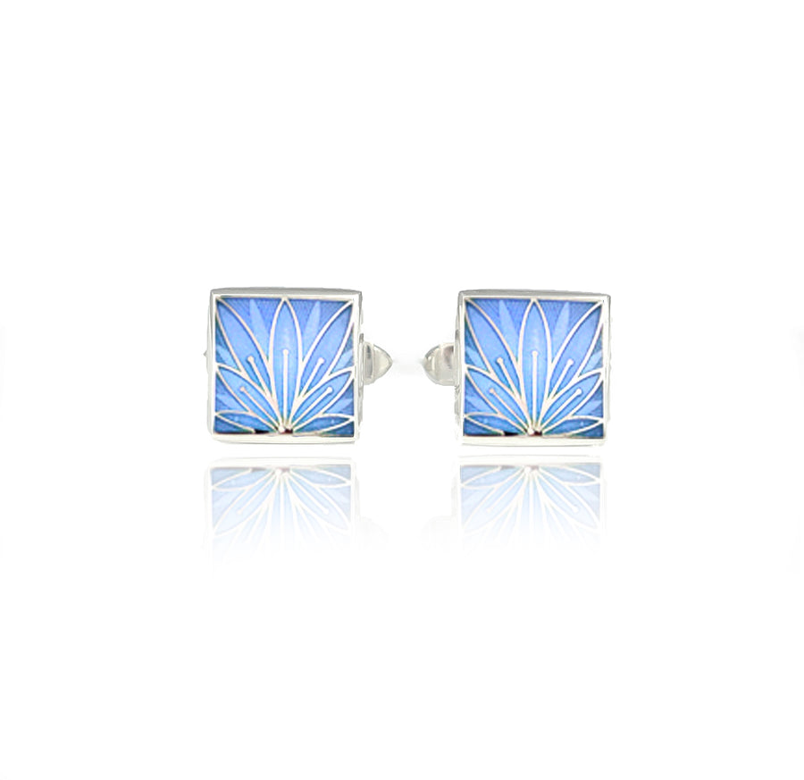 Enamelled Lotus Flower Silver Pale Blue Cufflinks