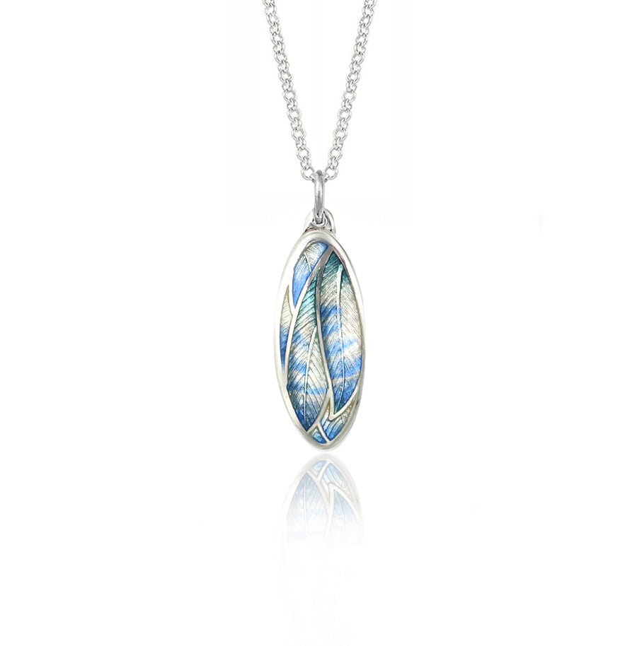 Oval Enamel Pale Blue Jay Feather Pendant