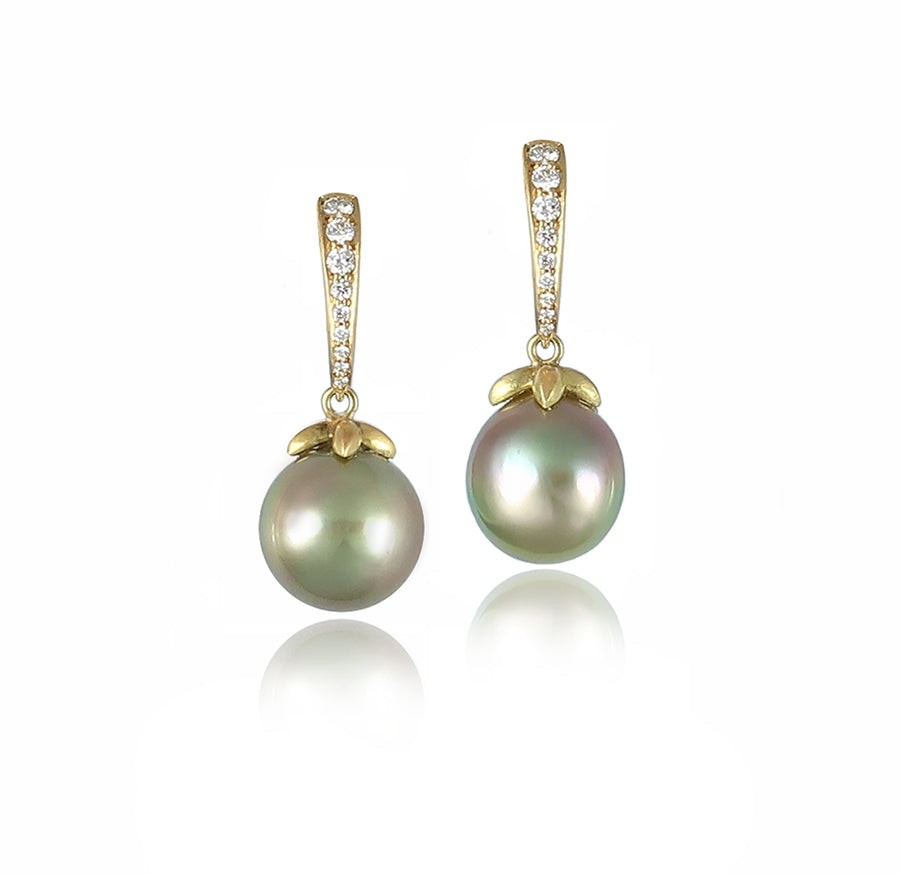 Diamond & Gold South Sea Pistachio Pearl Earrings