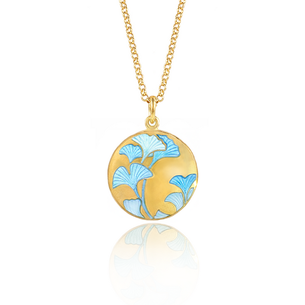 Enamelled Gingko Leaf Blue Pendant Gold