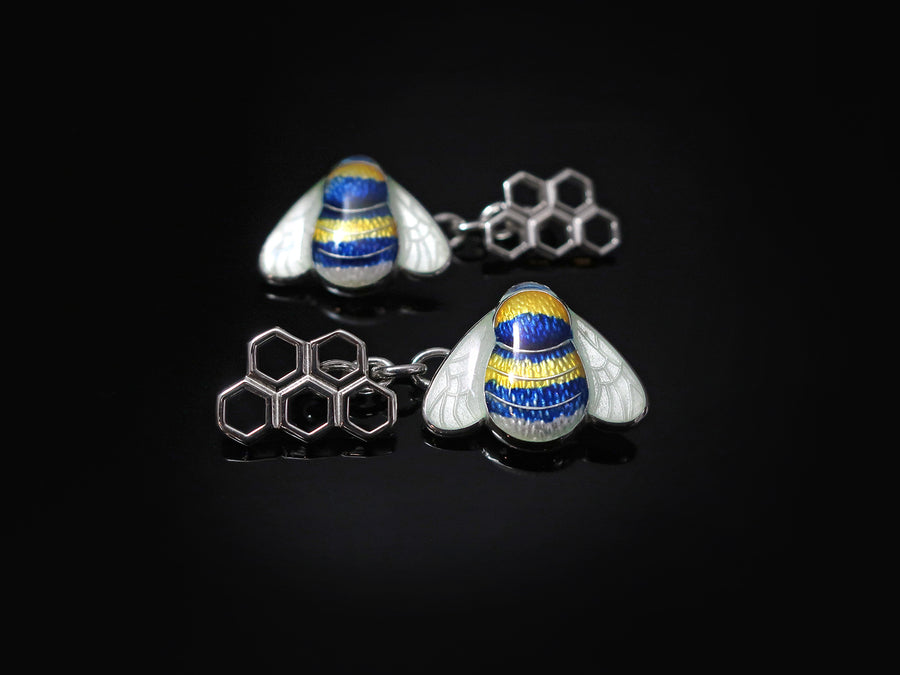 Enamel silver bumble bee and honey comb cufflinks handmade by Fiona Rae Royal Warrant Hertfordshire Jeweller