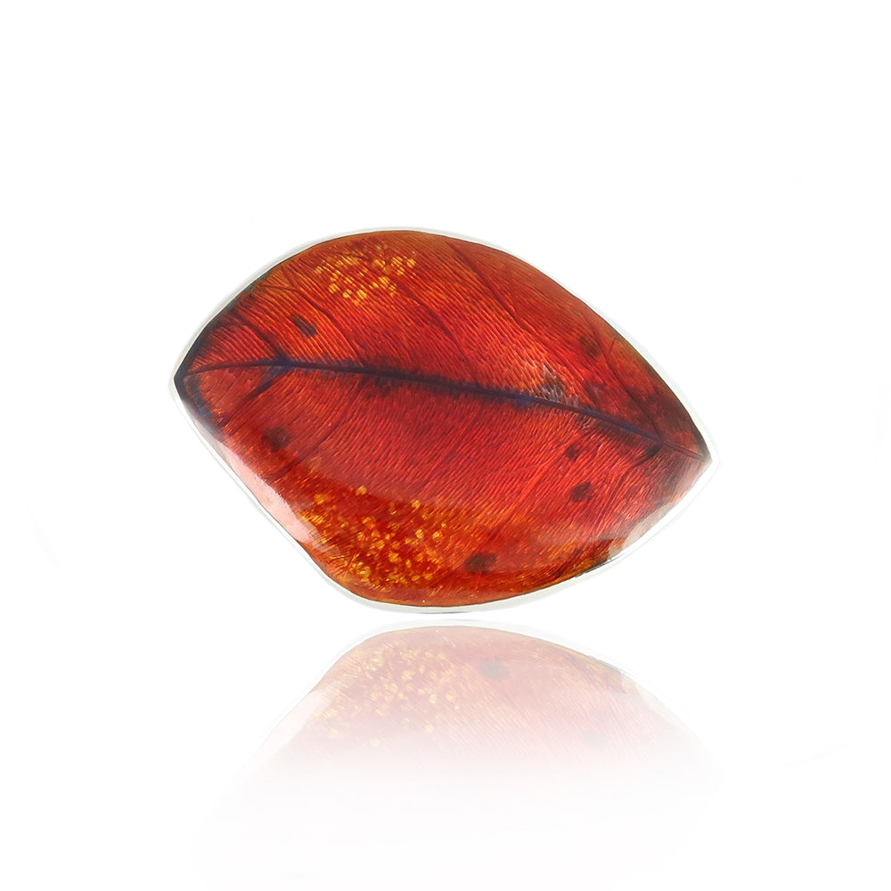 Red enamel hand engraved leaf brooch on sterling silver by Royal Warrant Jeweller Fiona Rae 