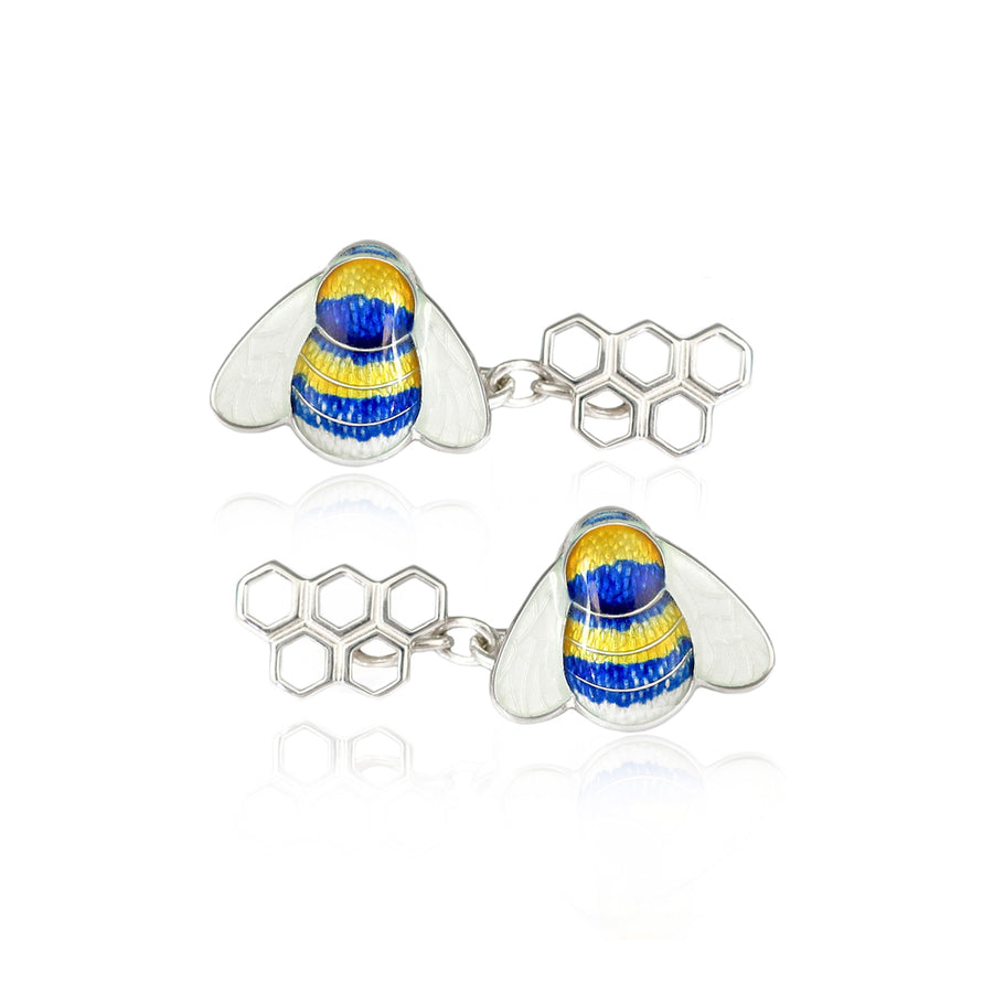 Enamel silver bumble bee and honey comb cufflinks handmade by Fiona Rae Royal Warrant Hertfordshire Jeweller 