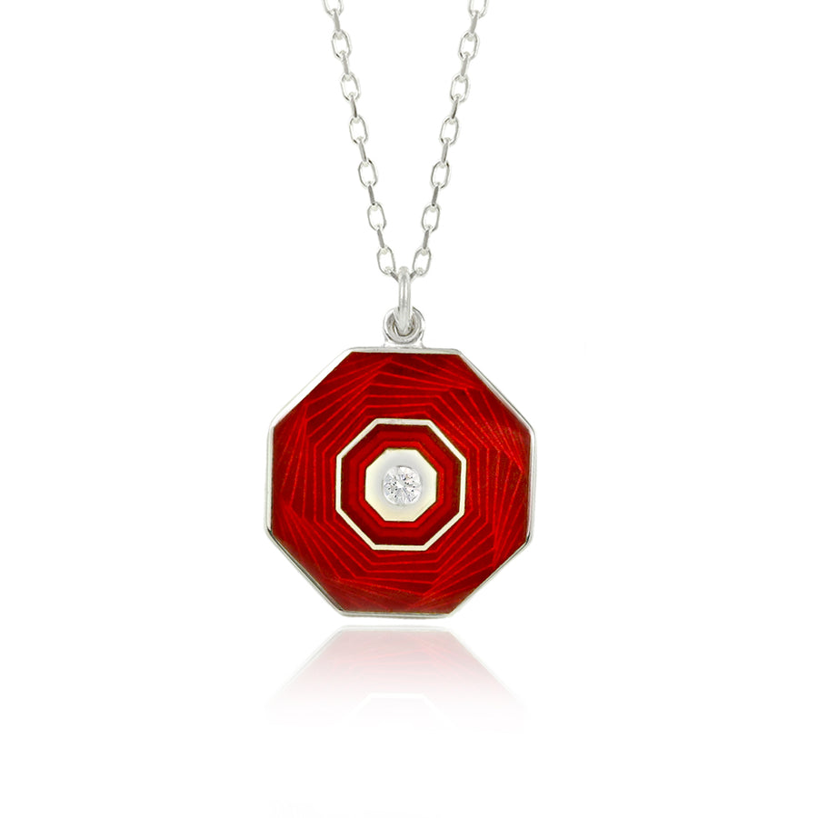 Enamelled Red Guilloché Diamond Pendant